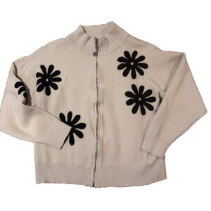 Sioni Cream Full Zip Cardigan Sweater Women's Black Flowers Daisies Large